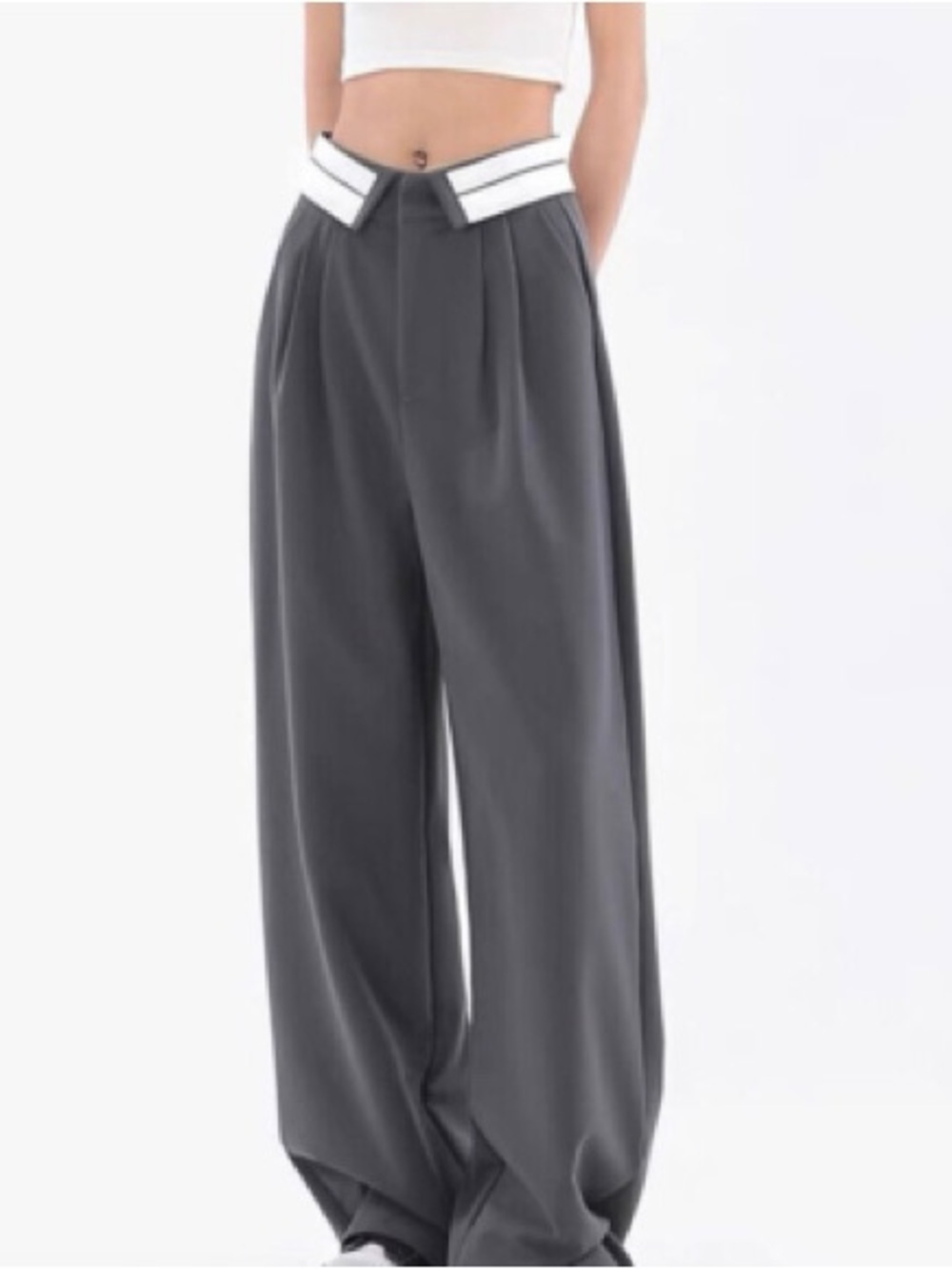 High-Waist Wide-Leg Gray Pants with Contrast Waistband